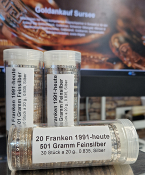 Preview: 20 Franken Silber (1991-heute) - Lot mit 30 Stück = 500 Gramm Feinsilber Preview: 20 Franken Silber (1991-heute) - Lot mit 30 Stück = 500 Gramm Feinsilber